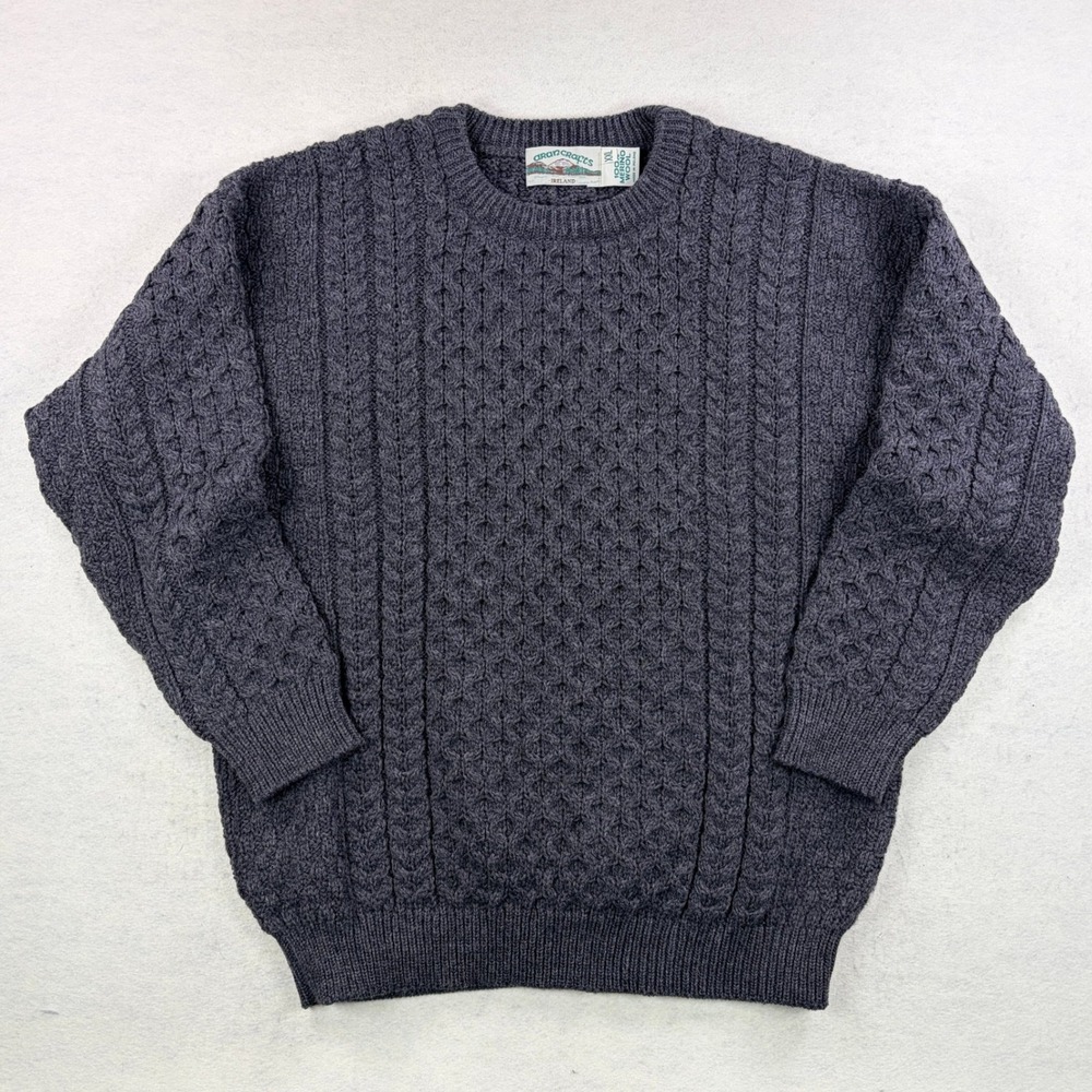 Aran Crafts Ireland Mens XXL Merino Wool Cable Knit Fisherman Sweater Charcoal